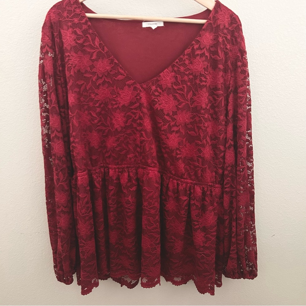 Maurices Lace Floral Romantic Babydoll Blouse Top- Deep‎ Red/Burgundy Size 2XL